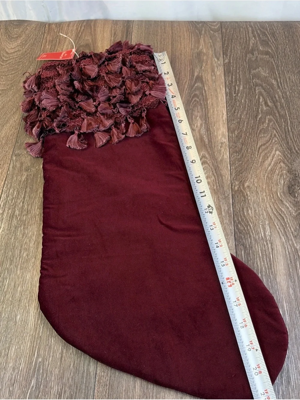 Macy's Holiday Lane Burgundy Velvet Christmas Stocking with Fringe 21